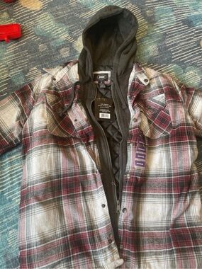 Plaid Hooded Shirt Jacket in Gray & Red - Lightweight Layering